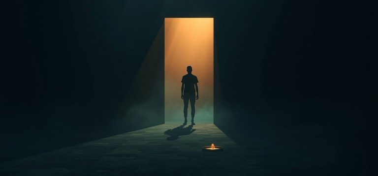 Silhouette of a man standing in a lit doorway with a candle on the floor, from Barbarian Ending Explained