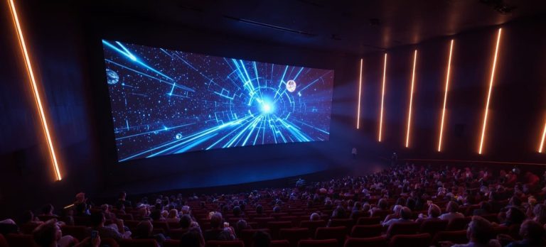 Cinema audience watching a vivid space-themed film on a giant curved screen, Dolby Cinema Explained