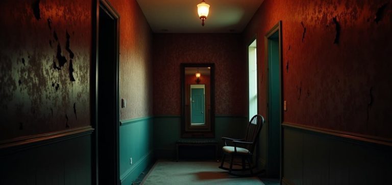 Dim vintage hallway with a large mirror, rocking chair, and glowing doorway reflection, from Else Ending Explained