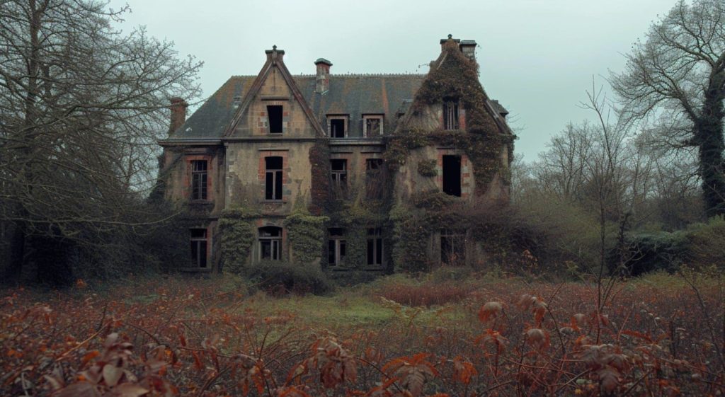Abandoned overgrown house surrounded by dead autumn foliage, from Hereditary Ending Explained