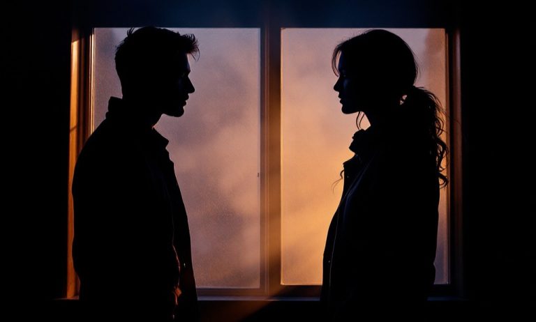 Silhouettes of a man and woman facing each other by a foggy window at sunset, from Obsession Digital Release Date