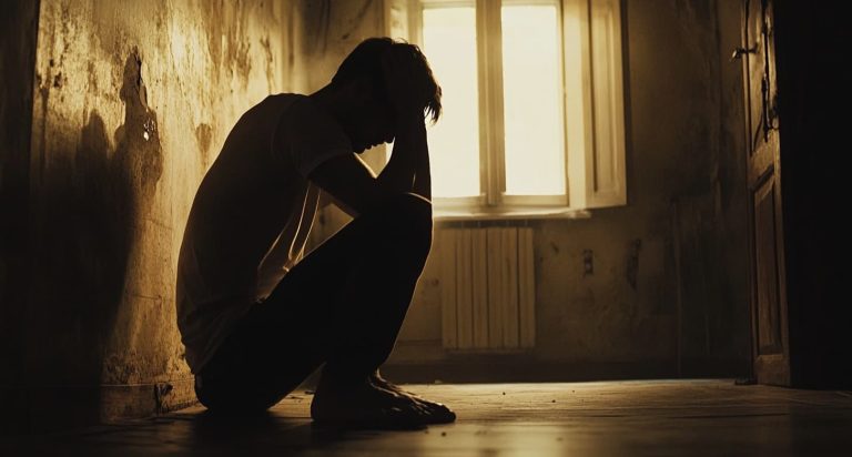 Man sitting on the floor in distress, head in hands, from Obsession Ending Explained