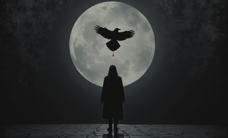 Silhouette of a woman standing before a full moon as a raven with blood on its beak flies overhead, from The Arborist Ending Explained