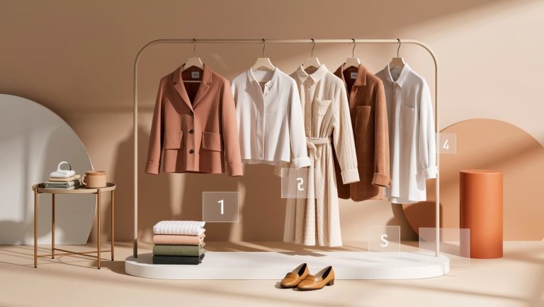 Curated fashion rack of coats, shirts, and a dress with folded sweaters and heels displayed below, from The Devil Wears Prada 2 Digital Release Date