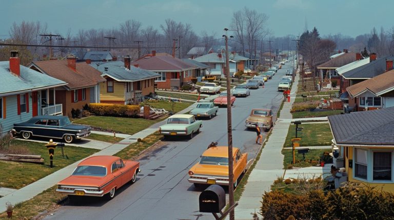 Vintage 1960s suburban street lined with classic cars, from The End of Oak Street Release Date
