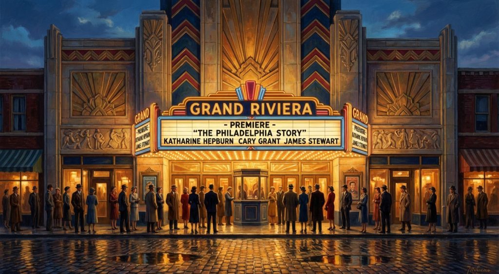 Vintage illustration of a classic movie theater premiere with a crowd outside, Upcoming Hollywood release dates