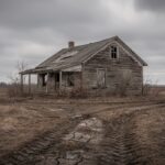Abandoned wooden farmhouse standing alone in a barren field under a stormy sky, 40 Acres Ending Explained