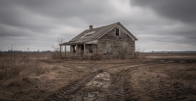 Abandoned wooden farmhouse standing alone in a barren field under a stormy sky, 40 Acres Ending Explained