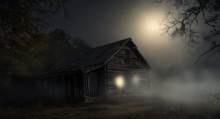 A creepy misty haunted cabin at night under a full moon, from Evil Dead Burn 2026 Release Date