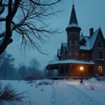 Snow-covered gothic mansion glowing under a single lamp at dusk, the winter estate in An Taibhse ending explained