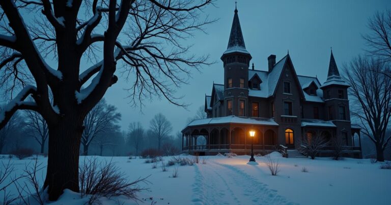 Snow-covered gothic mansion glowing under a single lamp at dusk, the winter estate in An Taibhse ending explained