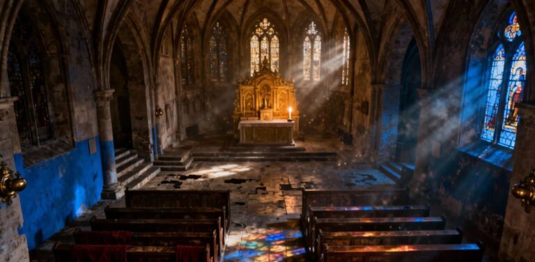 Sunlight streaming through stained glass windows into an empty, ancient stone church cathedral with wooden pews, representing the horror movie Azrael Ending Explained