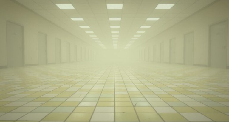 An eerie, empty yellow tiled hallway filled with fog from the Backrooms movie, representing the Digital Release Date announcement