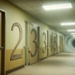 Endless liminal hallway with numbered doors and fluorescent lights, from Backrooms Ending Explained