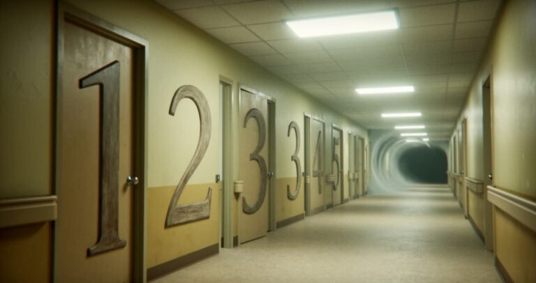 Endless liminal hallway with numbered doors and fluorescent lights, from Backrooms Ending Explained