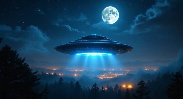 UFO hovering over a misty forest at night with a bright blue tractor beam, representing the ambiguous abduction at the center of the Descendent ending explained