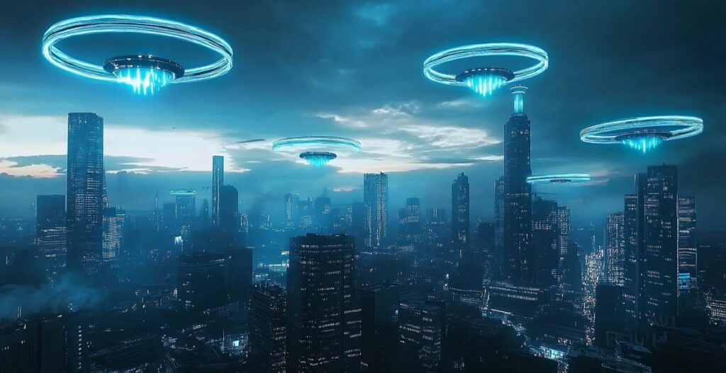 Glowing alien spacecraft hovering over a city skyline representing Disclosure Day Blu-ray 4K Ultra HD release