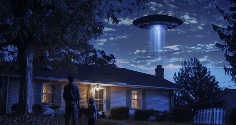 Father and son looking up at a UFO hovering over their house at night, from Disclosure Day Digital Release Date