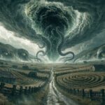 Visual illustration for Disclosure Day Ending Explained featuring a surreal rural landscape with massive alien eyes emerging from the hills and tentacled storm clouds.