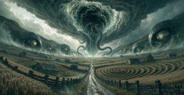Visual illustration for Disclosure Day Ending Explained featuring a surreal rural landscape with massive alien eyes emerging from the hills and tentacled storm clouds.