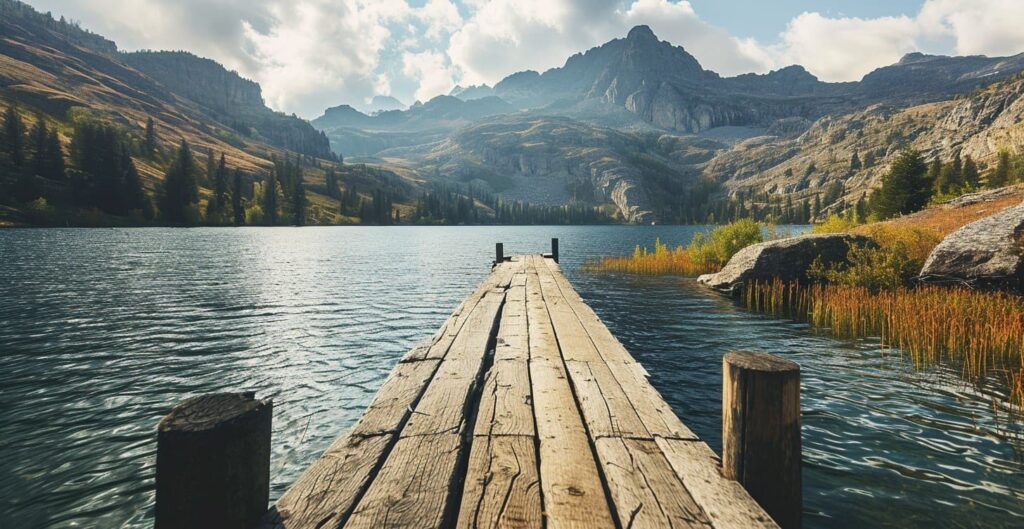 Wooden dock stretching into a mountain lake, evoking the pivotal dock scene from Drowning Dry ending explained