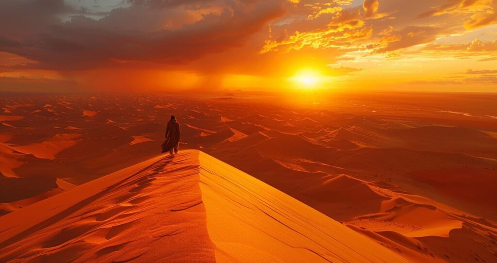 Lone figure standing on desert sand dune at sunset representing Dune 3 Release Date
