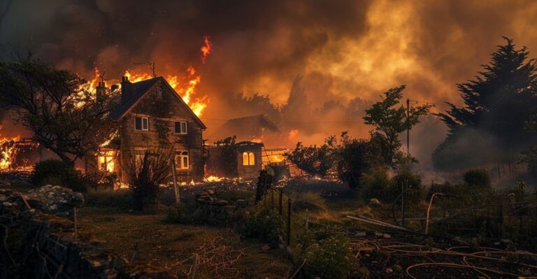 Countryside home engulfed in flames at night, representing Evil Dead Burn digital release date
