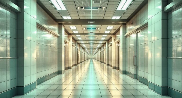 An endless, clean tiled underground passageway with bright fluorescent lights, illustrating the liminal space environment from the horror movie Exit 8 Ending Explained