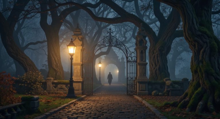 Solitary figure walking through a foggy cemetery gate at night, from Hokum Ending Explained