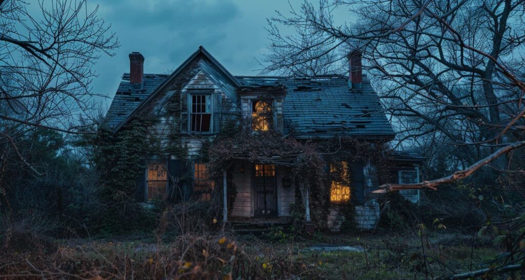 Abandoned overgrown house at dusk with lit windows, setting the eerie tone for House on Eden ending explained