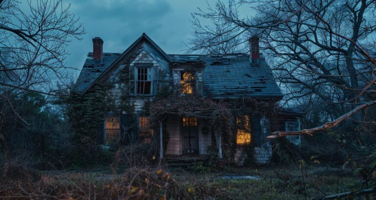 Abandoned overgrown house at dusk with lit windows, setting the eerie tone for House on Eden ending explained