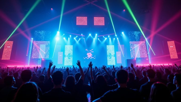 Concert crowd with hands raised under blue and green laser lights on stage, from Michael 2026 Blu-ray Release Date