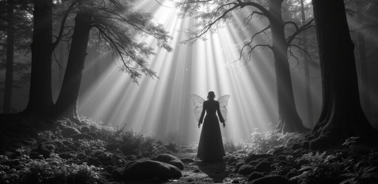 A black and white photo of a winged female figure standing in a dark, foggy forest under bright sun rays, for the horror movie Mother of Flies Ending Explained