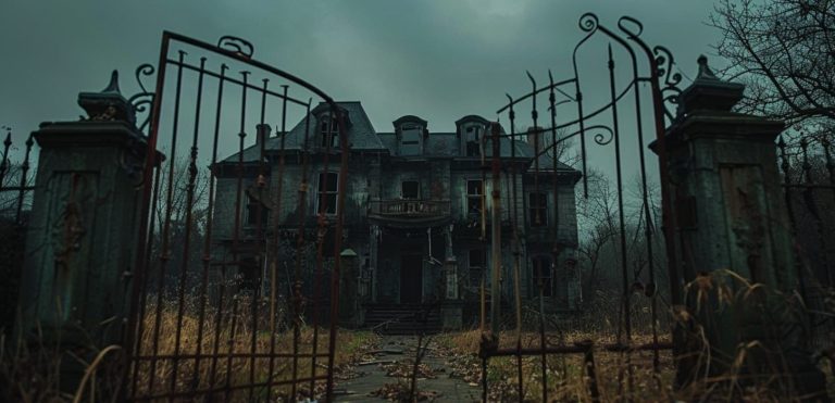 A spooky, decaying abandoned Victorian mansion seen through rusty open iron gates under a dark gloomy sky, for the horror film Mudbrick Ending Explained