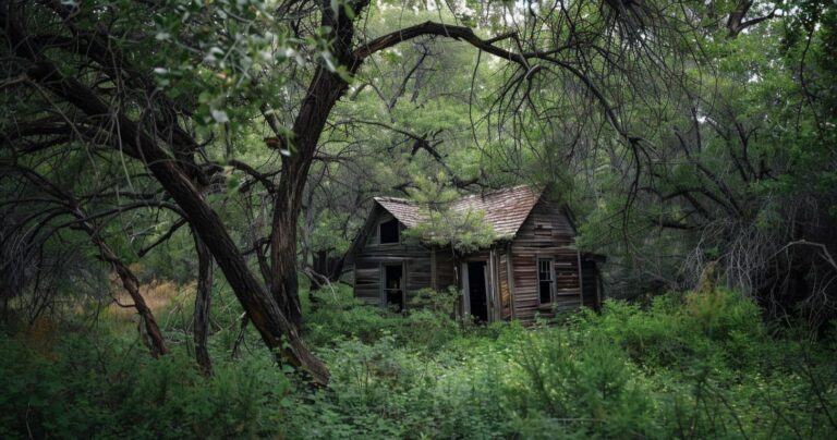 An isolated, weathered wooden cabin surrounded by dense green forest, setting the scene for the Never Let Go ending explained analysis.