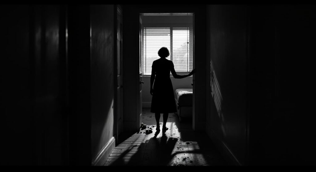 Silhouette of a woman standing in a doorway backlit by window light, representing the eerie atmosphere of Other Mommy Release Date