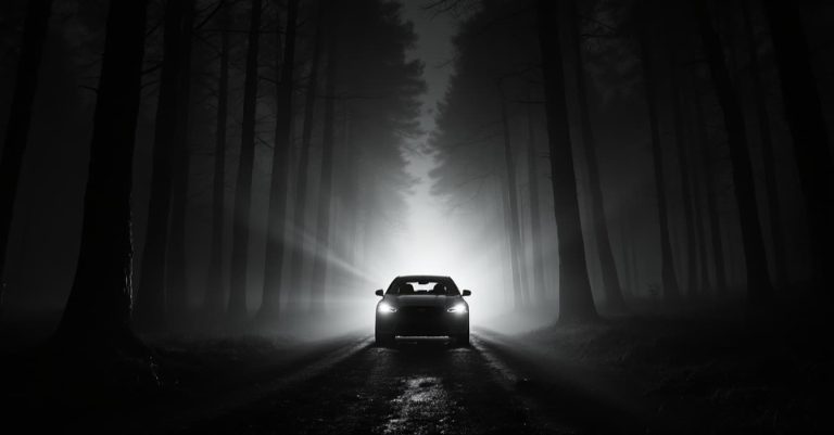 Car driving through a dark foggy forest road at night, from Passenger 2026 Ending Explained