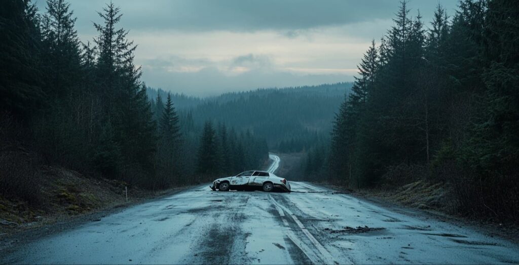Abandoned wrecked car on a foggy forest road, Resident Evil 2026 release date