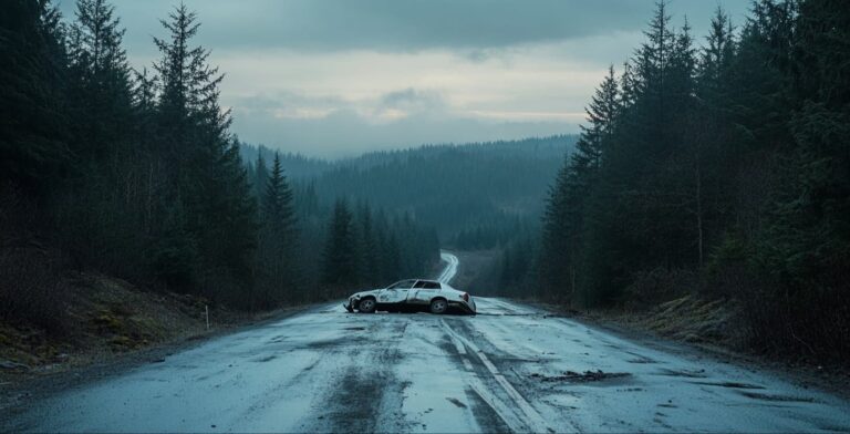 Abandoned wrecked car on a foggy forest road, Resident Evil 2026 release date
