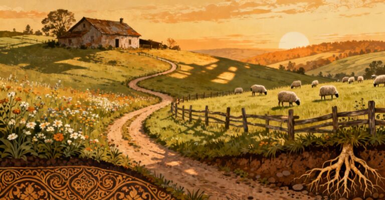 Golden hour farm with grazing sheep, The Sheep Detectives ending explained