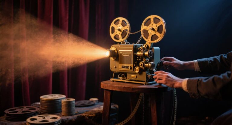 Vintage 35mm film projector casting a light beam in a dark theater, illustrating the difference between Shot with IMAX and Filmed for IMAX cameras