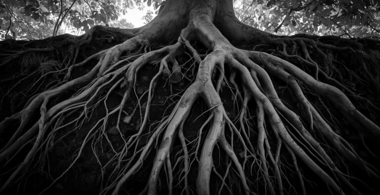 A dramatic black and white photo of massive, tangled tree roots spreading across the dark soil, representing the folk horror movie Starve Acre Ending Explained