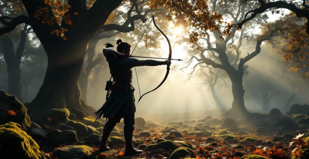 Archer pulling a bow string back in a dense, sunlit forest for The Death of Robin Hood digital release date article.