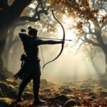Archer pulling a bow string back in a dense, sunlit forest for The Death of Robin Hood digital release date article.