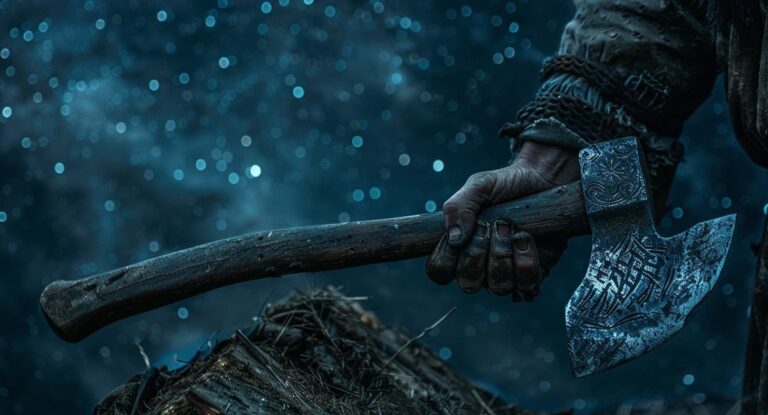 Weathered hand gripping an ornate battle axe in dark, moody lighting, representing The Death of Robin Hood's grim tone