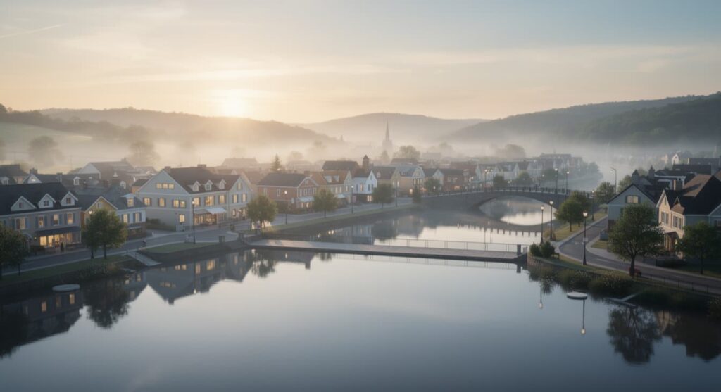Foggy riverside small town at sunrise, setting for The Girl in the River (2026)