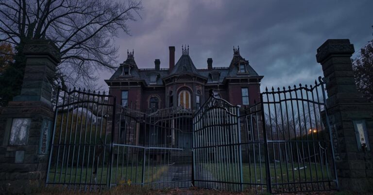 The dark Victorian mansion from the movie poster under a stormy sky, featured in The Home Ending Explained.