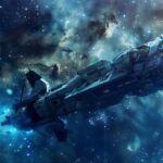 Spaceship flying through deep space nebulae representing the Razor Crest in The Mandalorian and Grogu Ending Explained.