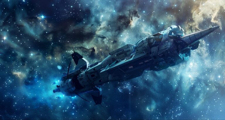 Spaceship flying through deep space nebulae representing the Razor Crest in The Mandalorian and Grogu Ending Explained.