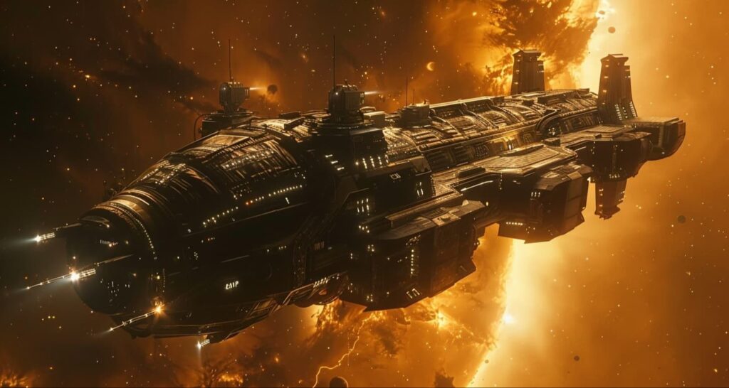 A massive black sci-fi capital ship flies through a fiery orange nebula in space, representing the sci-fi scale of Star Wars: The Mandalorian and Grogu ahead of its Blu-ray and 4K Ultra HD release.